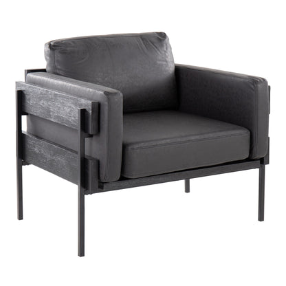 Kari Farmhouse Accent Chair in Black Metal, Grey Wood, and Black Faux Leather