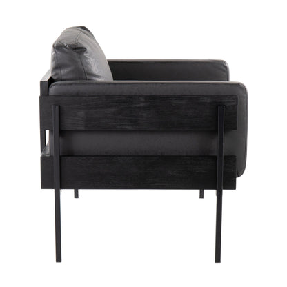 Kari Farmhouse Accent Chair in Black Metal, Grey Wood, and Black Faux Leather