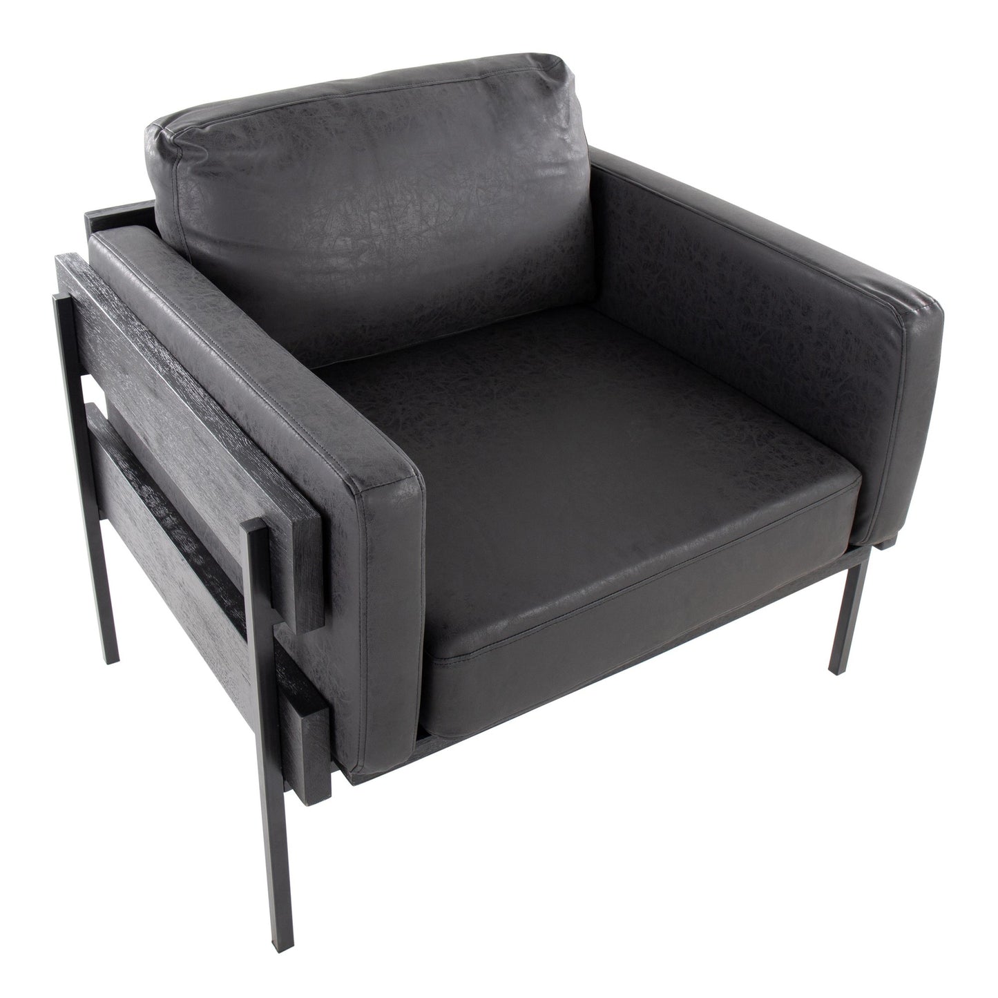 Kari Farmhouse Accent Chair in Black Metal, Grey Wood, and Black Faux Leather