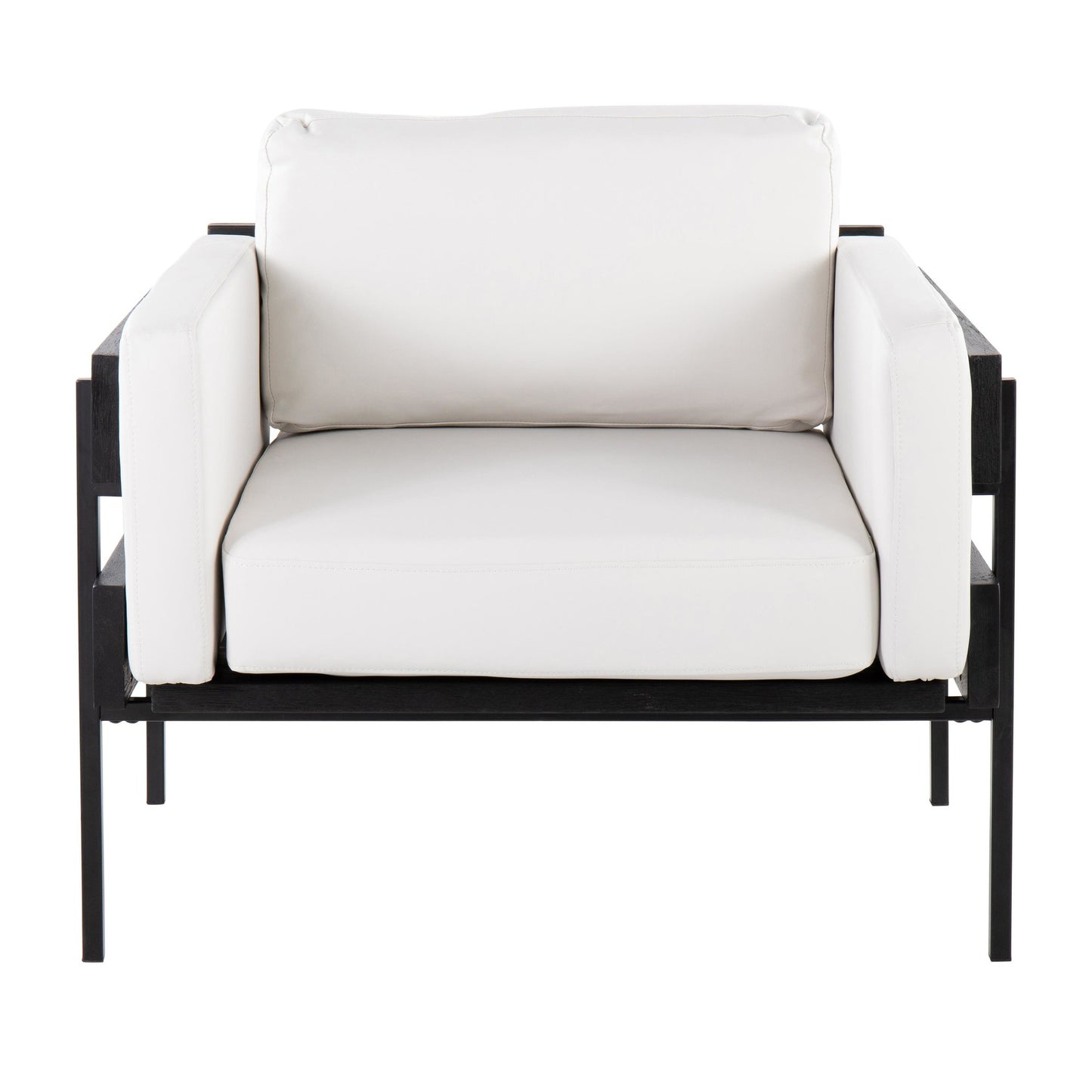 Kari Farmhouse Accent Chair in Black Metal, Grey Wood, and Black Faux Leather