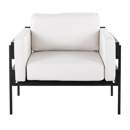 Kari Farmhouse Accent Chair in Black Metal, Grey Wood, and Black Faux Leather