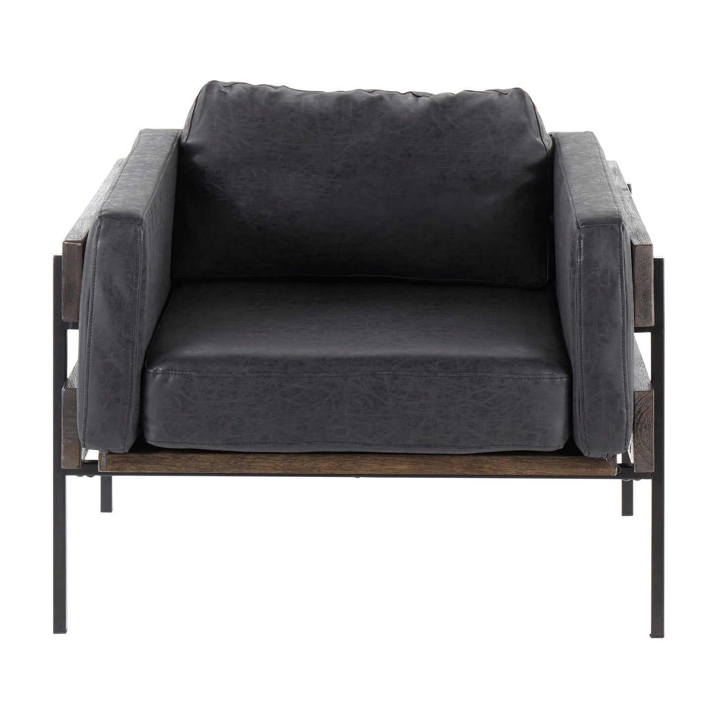 Kari Farmhouse Accent Chair in Black Metal, Grey Wood, and Black Faux Leather