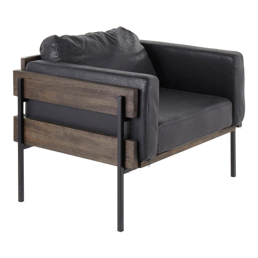 Kari Farmhouse Accent Chair in Black Metal, Grey Wood, and Black Faux Leather