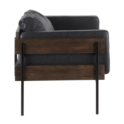 Kari Farmhouse Accent Chair in Black Metal, Grey Wood, and Black Faux Leather