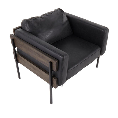 Kari Farmhouse Accent Chair in Black Metal, Grey Wood, and Black Faux Leather