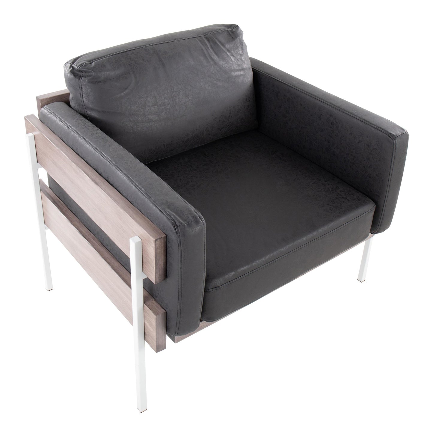 Kari Farmhouse Accent Chair in Black Metal, Grey Wood, and Black Faux Leather