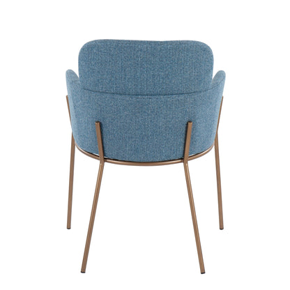 Milan Contemporary Chair in Antique Brass Metal and Blue Noise Fabric   - Set of 2