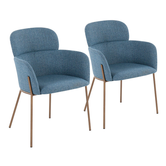 Milan Contemporary Chair in Antique Brass Metal and Blue Noise Fabric   - Set of 2