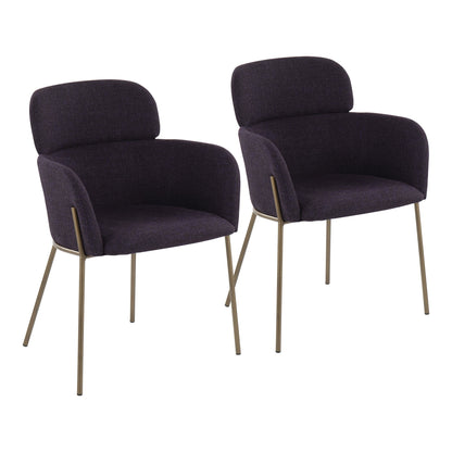 Milan Contemporary Chair in Antique Brass Metal and Blue Noise Fabric   - Set of 2