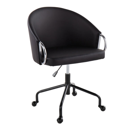 Claire Contemporary/Glam Task Chair in Black Metal and Black Faux Leather with Silver Metal Accents