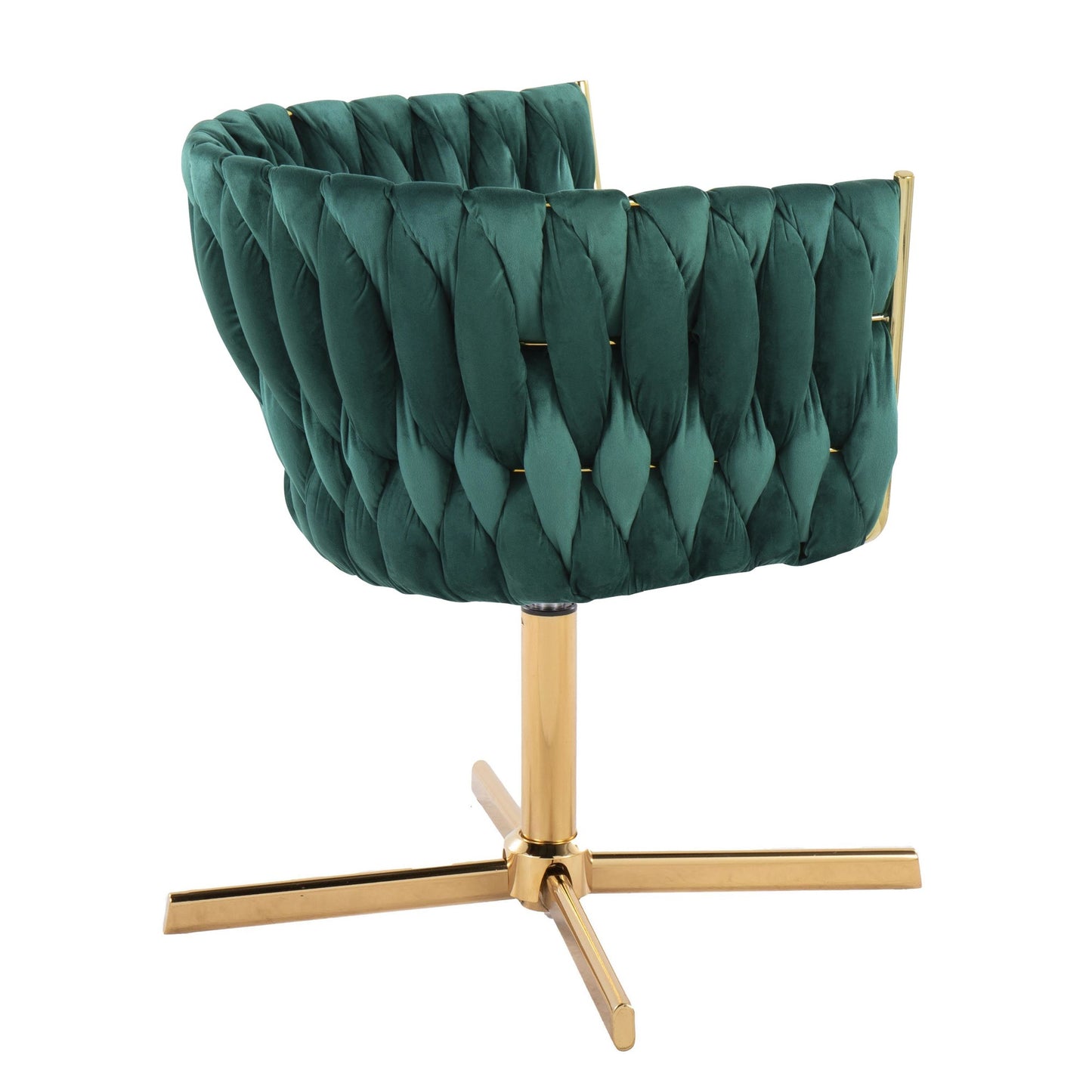 Braided Renee Contemporary Swivel Accent Chair with X-Pedestal Base in Gold Metal and Green Velvet