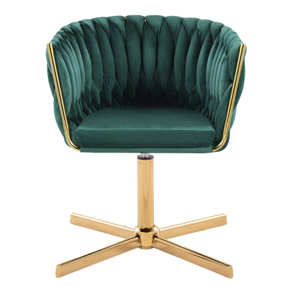 Braided Renee Contemporary Swivel Accent Chair with X-Pedestal Base in Gold Metal and Green Velvet