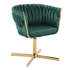 Braided Renee Contemporary Swivel Accent Chair with X-Pedestal Base in Gold Metal and Green Velvet