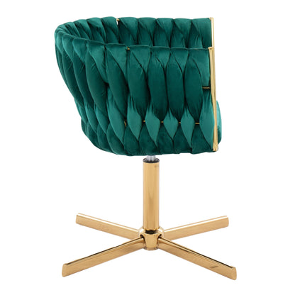 Braided Renee Contemporary Swivel Accent Chair with X-Pedestal Base in Gold Metal and Green Velvet