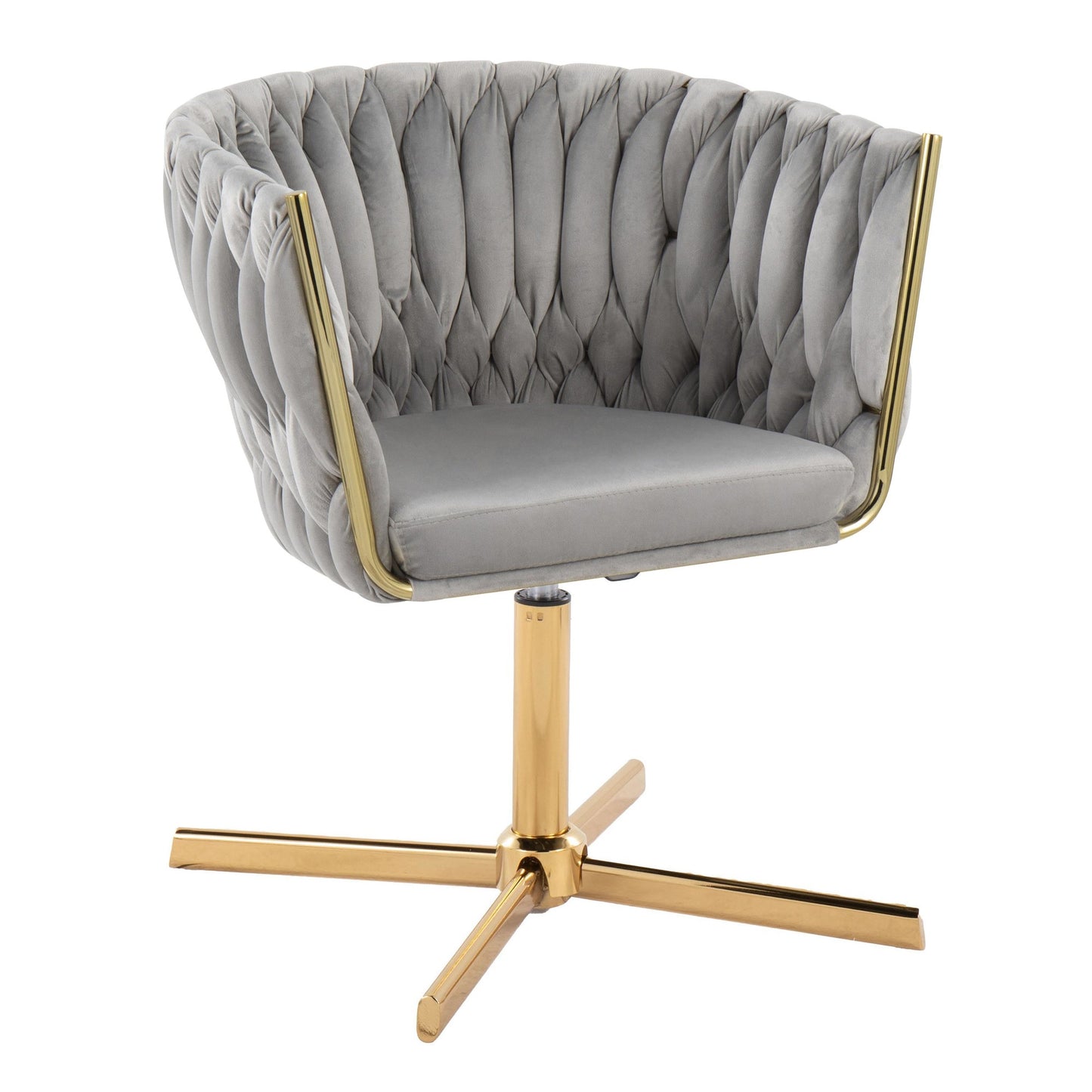 Braided Renee Contemporary Swivel Accent Chair with X-Pedestal Base in Gold Metal and Green Velvet