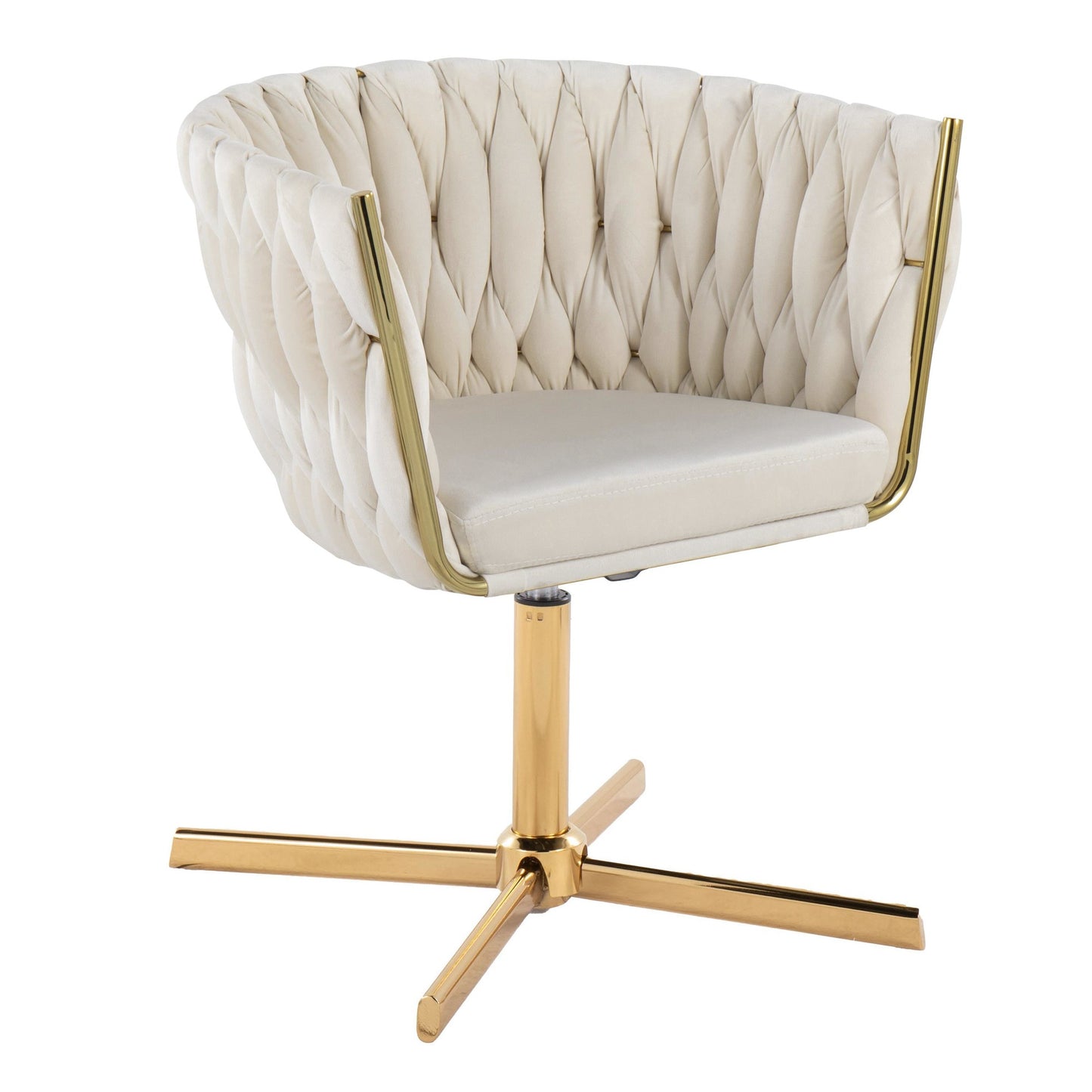 Braided Renee Contemporary Swivel Accent Chair with X-Pedestal Base in Gold Metal and Green Velvet