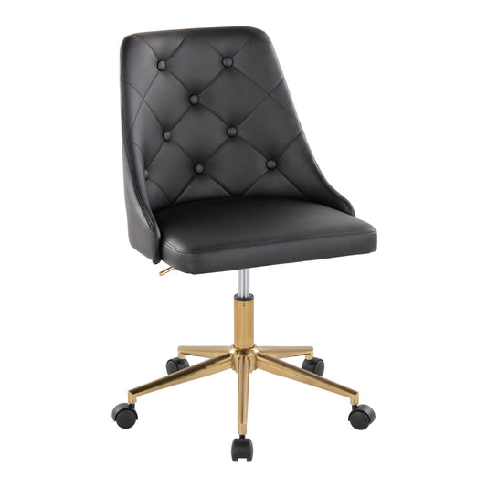 Marche Contemporary Swivel Task Chair with Casters in Gold Metal and Black Faux Leather