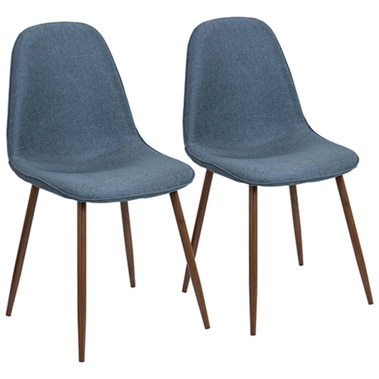 Pebble Mid-Century Modern Dining/Accent Chair in Walnut and Blue Fabric   - Set of 2