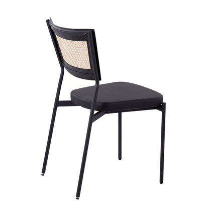 Rattan Tania Contemporary Dining Chair in Black Metal, Black Faux Leather, and Rattan Back   - Set of 2