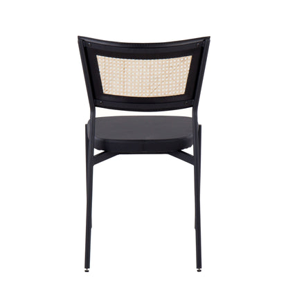 Rattan Tania Contemporary Dining Chair in Black Metal, Black Faux Leather, and Rattan Back   - Set of 2