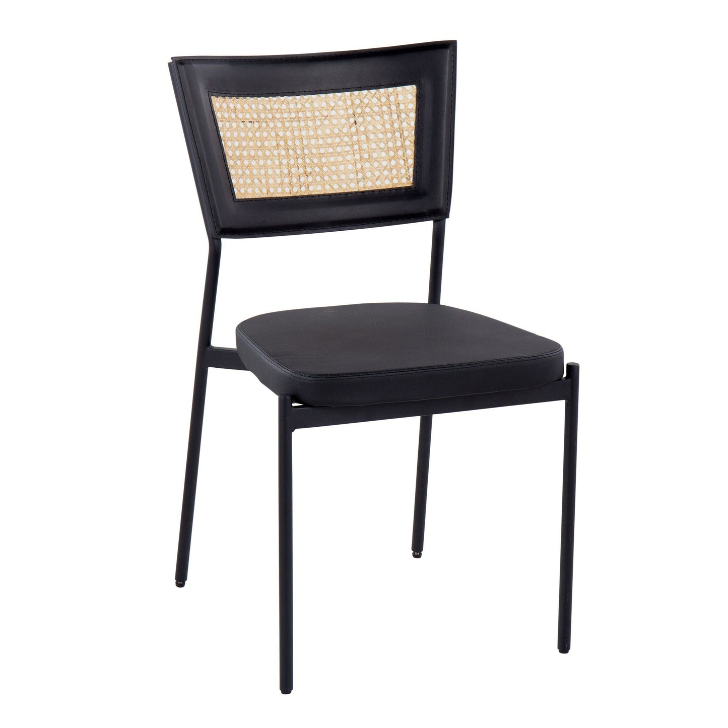 Rattan Tania Contemporary Dining Chair in Black Metal, Black Faux Leather, and Rattan Back   - Set of 2