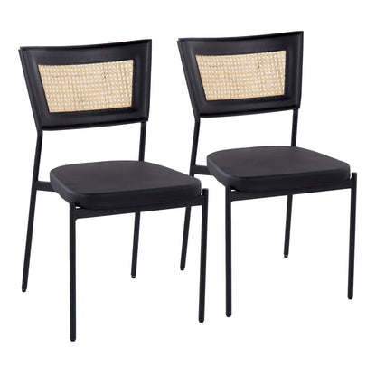 Rattan Tania Contemporary Dining Chair in Black Metal, Black Faux Leather, and Rattan Back   - Set of 2