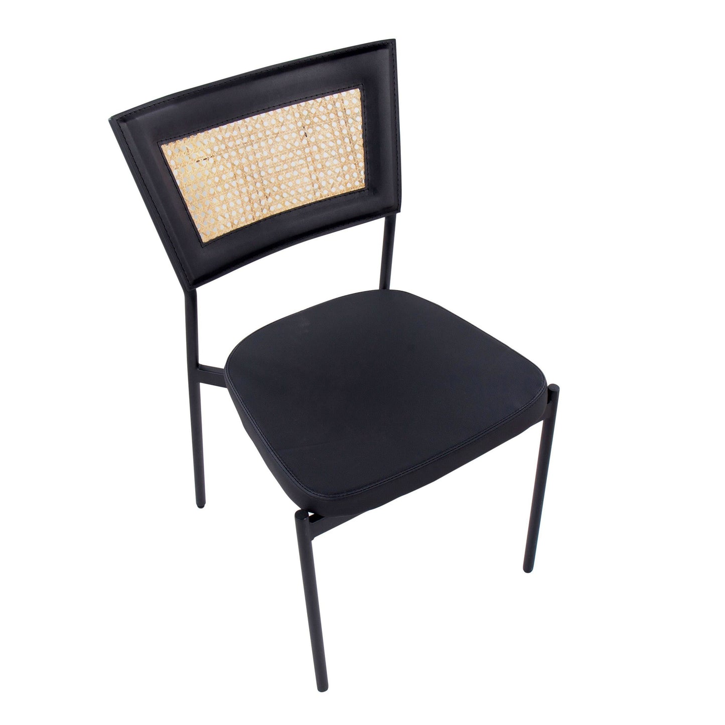 Rattan Tania Contemporary Dining Chair in Black Metal, Black Faux Leather, and Rattan Back   - Set of 2