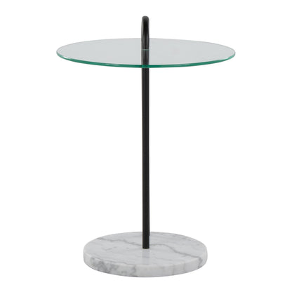 Claire Contemporary/Glam Side Table in Black Marble and Gold Steel with Clear Glass Top