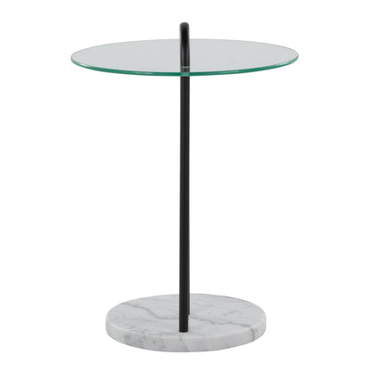 Claire Contemporary/Glam Side Table in Black Marble and Gold Steel with Clear Glass Top