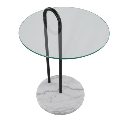 Claire Contemporary/Glam Side Table in Black Marble and Gold Steel with Clear Glass Top