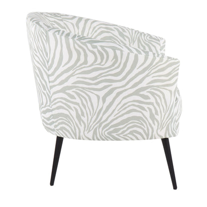 Tania Contemporary/glam Accent Chair in Black Steel and Light Green Zebra Fabric