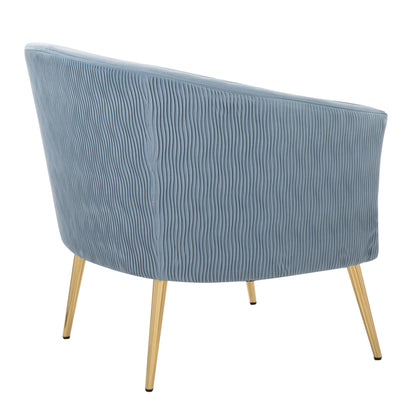 Tania Pleated Waves Contemporary/Glam Accent Chair in Gold Steel and Light Blue Velvet