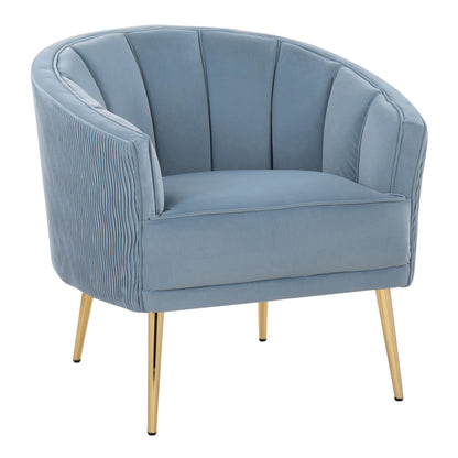 Tania Pleated Waves Contemporary/Glam Accent Chair in Gold Steel and Light Blue Velvet