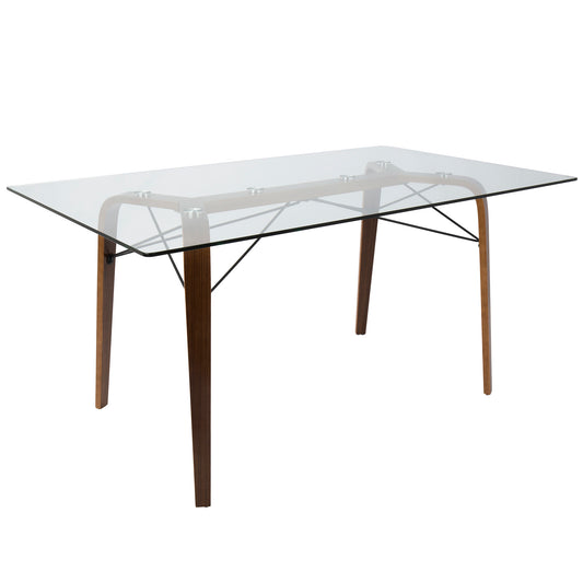 Trilogy Mid-Century Modern Dining Table in Walnut and Clear Glass