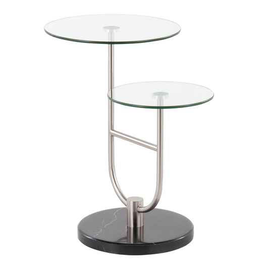 Trombone Glam Side Table in Black Marble, Nickel and Clear Glass