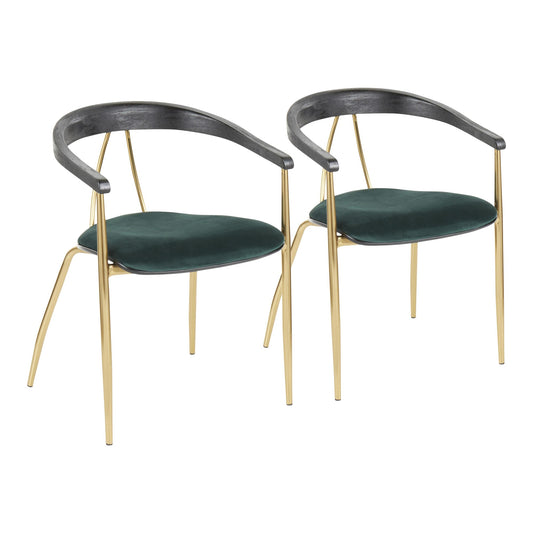 Vanessa Contemporary Chair in Gold Metal and Green Velvet with Black Wood Accent by LumiSource - Set of 2