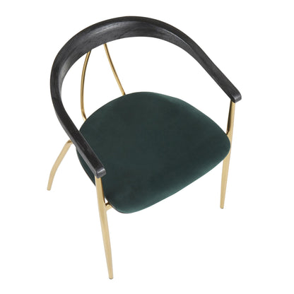 Vanessa Contemporary Chair in Gold Metal and Green Velvet with Black Wood Accent by LumiSource - Set of 2